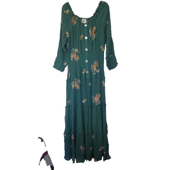 Boho Fig & Flower Embroidered Texture Peasant Dress Medium Green Anthropologie - Picture 1 of 16